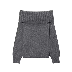 Off-shoulder loose knit sweater in dark grey with ribbed cuffs and fold-over neckline
