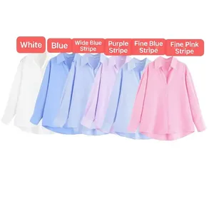 Maglietta da Donna Casual in Misto Cotone a Manica Lunga a Righe Oversize con Revers Monopetto Pendolare Vestibilità Comoda