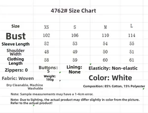 Detailed size guide table for women's white embroidered cotton blouse with measurements