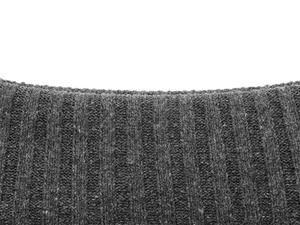 Close-up of grey rib-knit texture and stitching on the collar of a pullover sweater