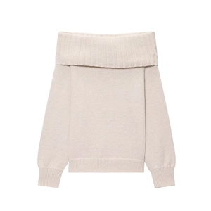 Elegant off-shoulder knit sweater with a large fold-over collar in soft creamy white