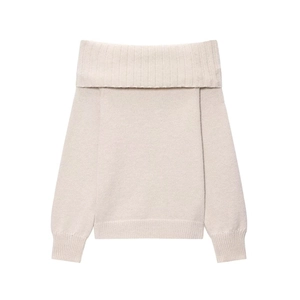 Flat lay of an off-shoulder beige knit sweater with ribbing and an elegant lapel design