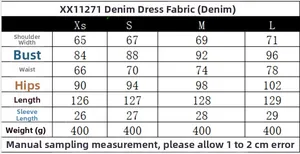 Detailed size chart for denim midi dress showing chest, waist, and length in centimeters