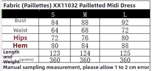 Tabla de tallas para vestido midi de lentejuelas con medidas de busto, cintura y cadera