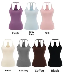 Flat lay of slim fit racerback tank tops in seven assorted colors on white background