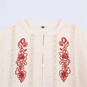 Women's cream long sleeve shirt with red floral embroidery and delicate lace trim