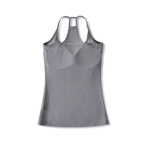 Detail of dark grey slim-fit ribbed racerback sports tank top on a white background