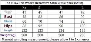 Guide des tailles de la robe en satin avec mesures de poitrine, taille et longueur en cm