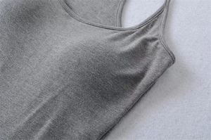 Close-up of gray knitted tank top featuring integrated chest pads and ribbed texture