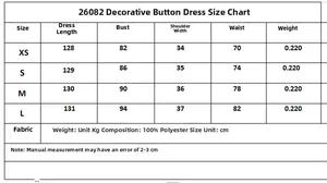 Size chart for sleeveless dress with decorative buttons including XS to L measurements