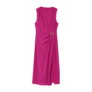 Sleeveless rose red midi dress with round neck and gold metal buckle waist detail