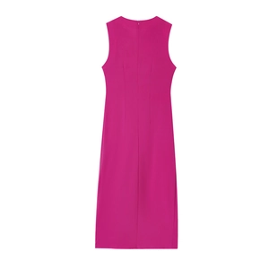 Sleeveless midi dress in magenta pink featuring a back zipper and a sleek tailored fit
