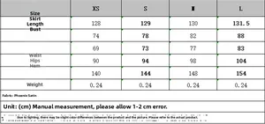 Guide des tailles indiquant la longueur et le buste pour la robe longue en satin
