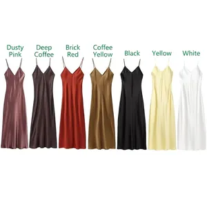 Robe Midi Lingerie en Satin Élégante pour Femmes Couleur Unie Col en V Bretelles Spaghetti Sans Manches Coupe Slim Soirée