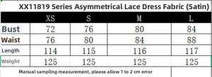 Tabla de tallas para vestido asimétrico de encaje con medidas de XS a L de busto y cintura