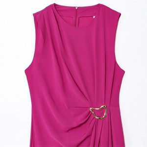 Elegant sleeveless rose red dress with round neck and gold metal ring waist detail