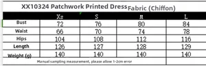 Size guide table for slim fit patchwork print chiffon dress showing XS to L measurements