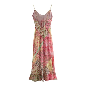 Bohemian patchwork print maxi dress featuring backless lace-up detail and paisley patterns