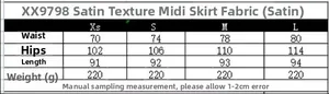 Guide des tailles pour jupe midi satinée avec mesures taille, hanches et longueur du XS au L