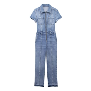 Combinaison en Denim Décontractée pour Femmes Manches Courtes Revers Fermeture Éclair Devant Jambe Droite Ourlet Effiloché Bleu