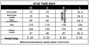 Detailed size chart for poplin shirt including length, chest, and sleeve measurements