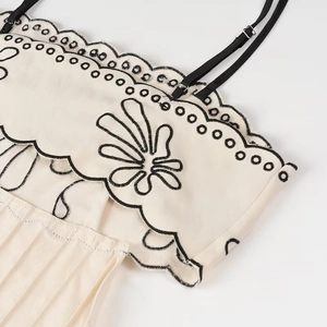 Detail der Blumenstickerei auf einem weißen Leinen-Maxikleid mit Trägern