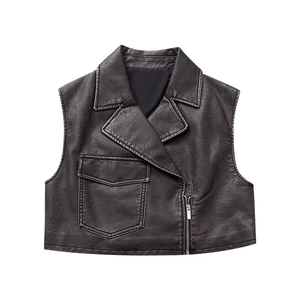 Women's Vintage Motorcycle Faux Leather Vest Casual Asymmetric Zipper Short Crop Waistcoat PU Leather Sleeveless Top Jacket