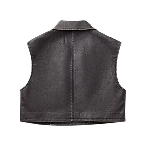 Women's trendy black faux leather sleeveless crop vest with lapel collar and back stitching