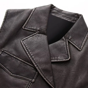 Women's vintage dark brown faux leather vest with classic lapel and textured finish