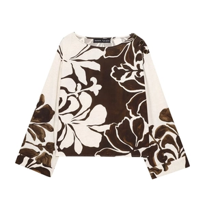 Women's floral print long sleeve top with shoulder buttons and textured cotton fabric