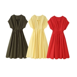Abito Midi da Donna Elegante con Scollo a V e Maniche Corte Pieghettato con Coulisse in Vita Tinta Unita alla Moda Pendolare a Linea A