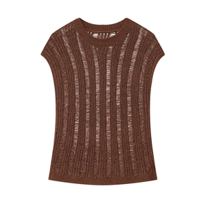 Chaleco de Punto para Mujer Café Casual Calado Desgastado Cuello Redondo Sin Mangas Top Estilo Retro Color Sólido Punto