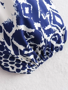 Détail du poignet élastique smocké avec imprimé abstrait bleu et blanc sur robe