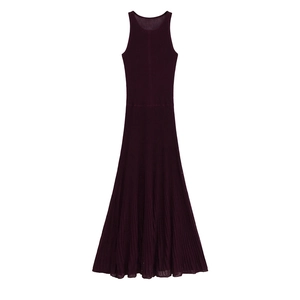 Women's deep purple ribbed knit maxi dress with a round neck and sleeveless design