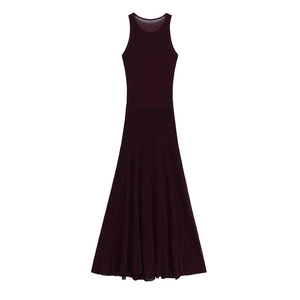 Women's dark purple sleeveless ribbed knit maxi dress with a flowy flared hem design