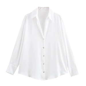 Elegant white satin long sleeve shirt with polished buttons and minimalist design