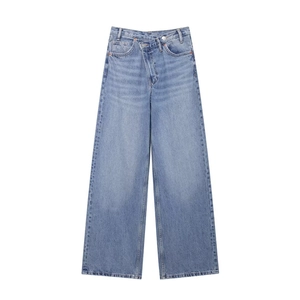 Jean Femme À Taille Asymétrique Jambe Large Taille Haute Pantalon En Denim Croisé Mode Streetwear Décontracté Pantalon Long