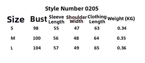 Size chart showing bust, sleeve, and shoulder measurements for long sleeve knit sweater