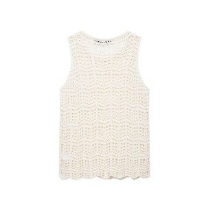Schickes cremeweißes Häkel-Strick-Top mit Wellensaum und elegantem Wellenmuster-Mesh
