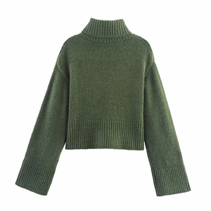 Women's dark green turtle neck long sleeve knit sweater with wide ribbed cuffs and hem