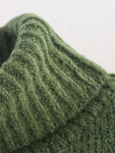 Detailed close-up showing the dark olive green ribbed knit texture of the warm sweater