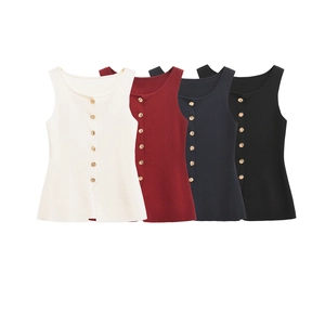 Sleeveless knit vest for women with golden buttons in white, red, blue and black colors
