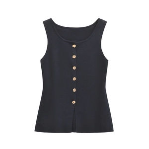 Sleeveless knitted navy vest with gold buttons and side slits in a minimalist design