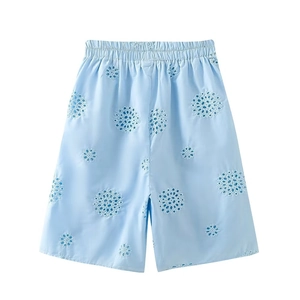 Pantaloncini da donna celeste con ricamo traforato e comoda vita elastica