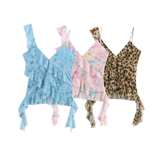 Damen Sommer Chiffon Camisoles mit Blumen- und Leopardenmuster und Rüschenlagen