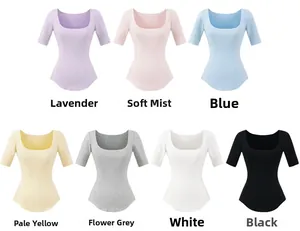 Detailed palette of U-neck cotton bodysuits in seven various pastel and neutral colors