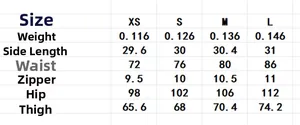 Detailed size chart for low waist embroidered shorts showing waist and hip measurements