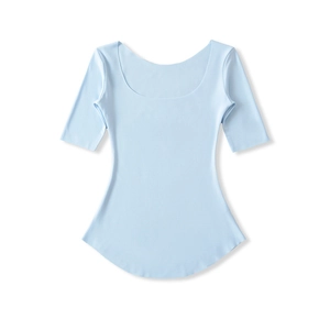 Detailed flat lay of light blue U-neck short sleeve top with a stylish curved hemline