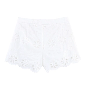 White eyelet cotton low waist shorts with floral embroidery and scalloped edges