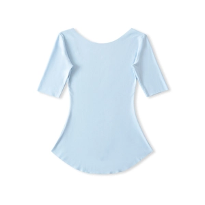 Detail of light blue slim-fit ballet top showing the U-shaped back and soft knit fabric